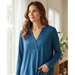 Chico's Tunic Top Women Med Mixed‎ Media Split Neck Pottery Blue Long Sleeve NEW